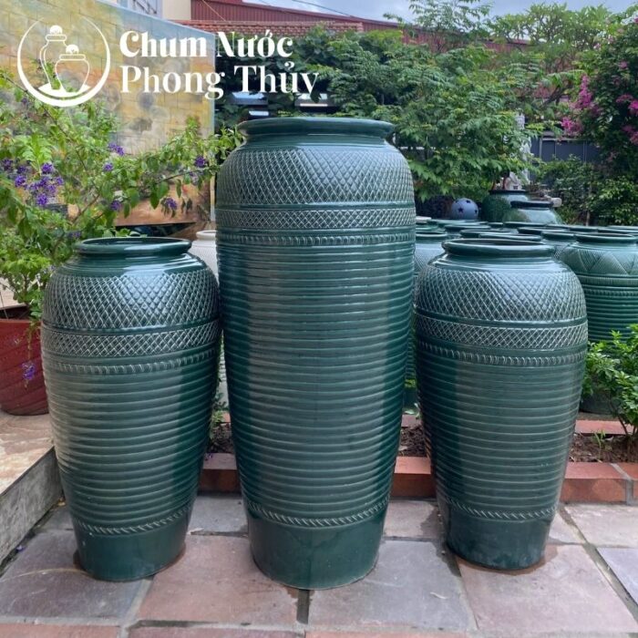 Bộ Ba Chum Nước Gốm Sứ Men Xanh Họa Tiết Sọc Chéo CN-19