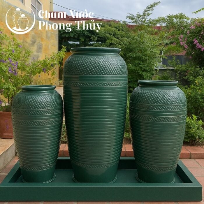 Bộ Ba Chum Nước Gốm Sứ Men Xanh Họa Tiết Sọc Chéo CN-19