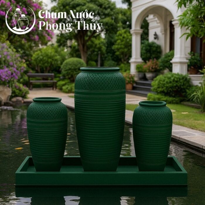 Bộ Ba Chum Nước Gốm Sứ Men Xanh Họa Tiết Sọc Chéo CN-19