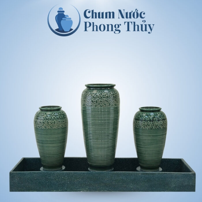 Bộ Ba Chum Nước Phong Thủy Men Xanh Họa Tiết Vân Kẻ CN-17