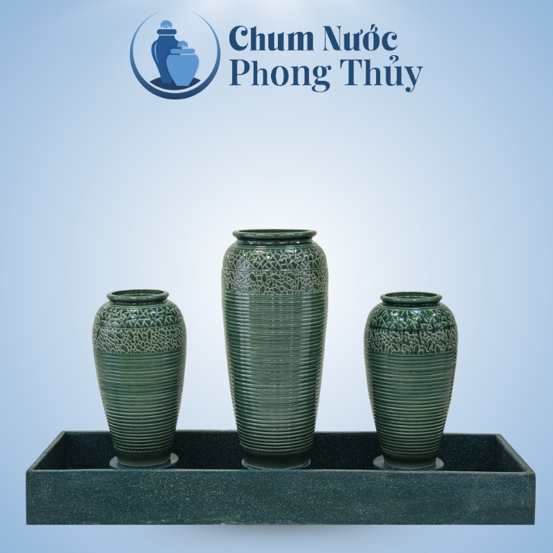 Bộ Ba Chum Nước Phong Thủy Men Xanh Họa Tiết Vân Kẻ CN-17
