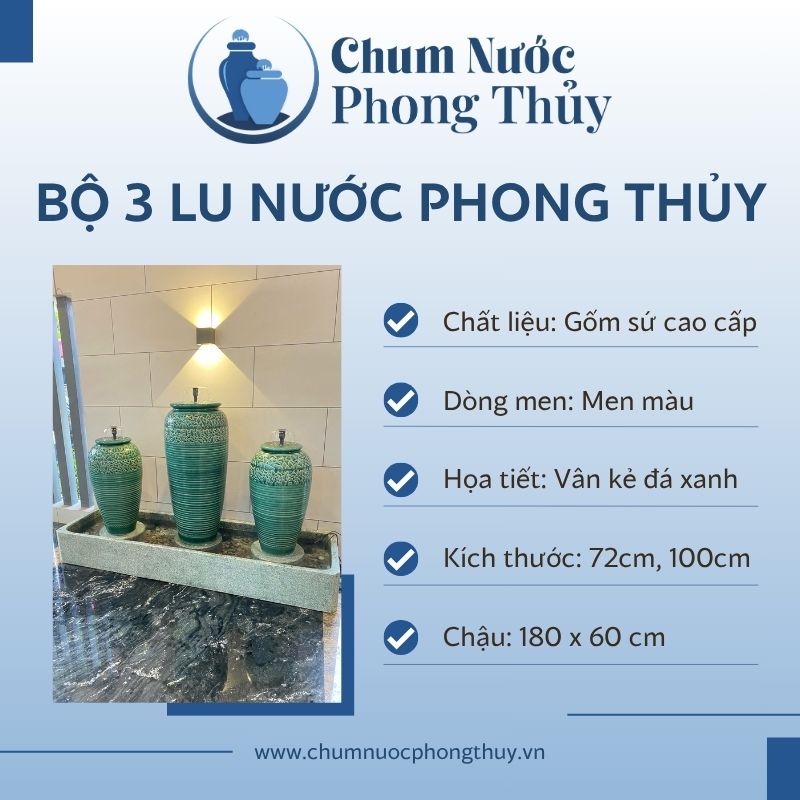 Bộ Ba Chum Nước Phong Thủy Men Xanh Họa Tiết Vân Kẻ CN-17