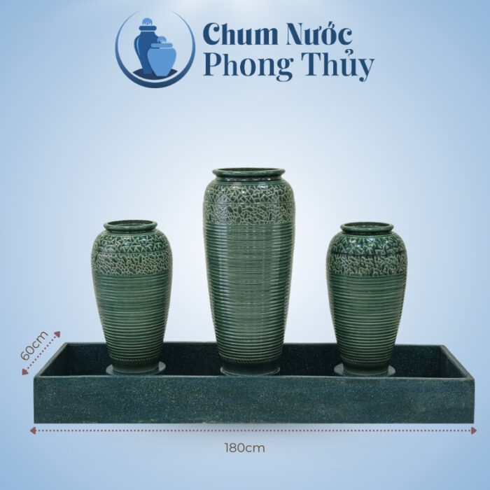 kích thước Bộ Ba Chum Nước Phong Thủy Men Xanh Họa Tiết Vân Kẻ CN-17