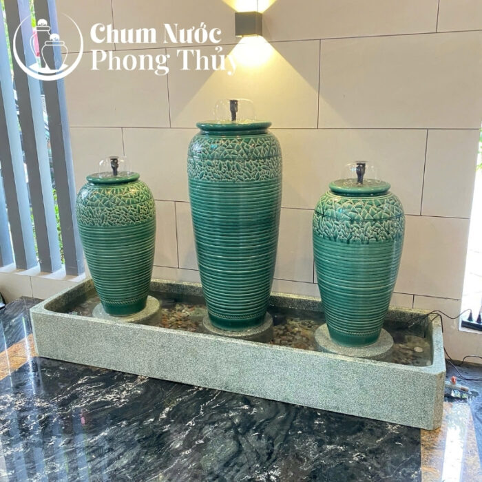 chi tiết Bộ Ba Chum Nước Phong Thủy Men Xanh Họa Tiết Vân Kẻ CN-17