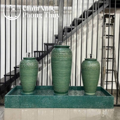 chi tiết Bộ Ba Chum Nước Phong Thủy Men Xanh Họa Tiết Vân Kẻ CN-17