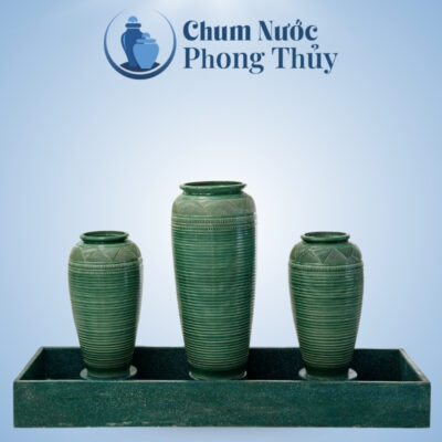 Bộ 3 chum nước trang trí tiểu cảnh họa tiết vân kẻ xanh