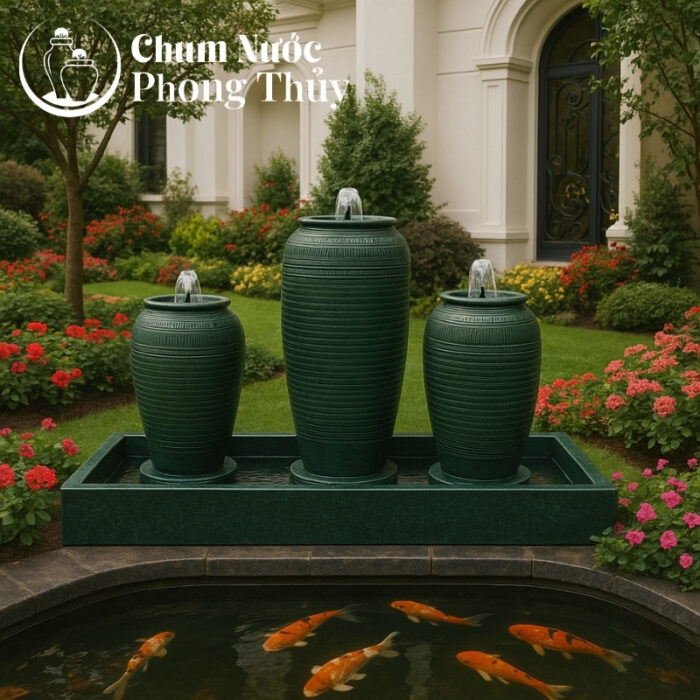 chi tiết Bộ Ba Chum Nước Trang Trí Men Xanh Vân Kẻ CN-16