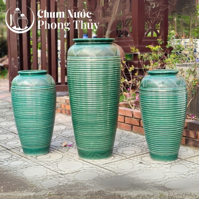 chi tiết Bộ Ba Chum Nước Trang Trí Men Xanh Vân Kẻ CN-16