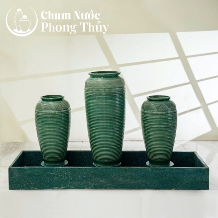 chi tiết Bộ Ba Chum Nước Trang Trí Men Xanh Vân Kẻ CN-16