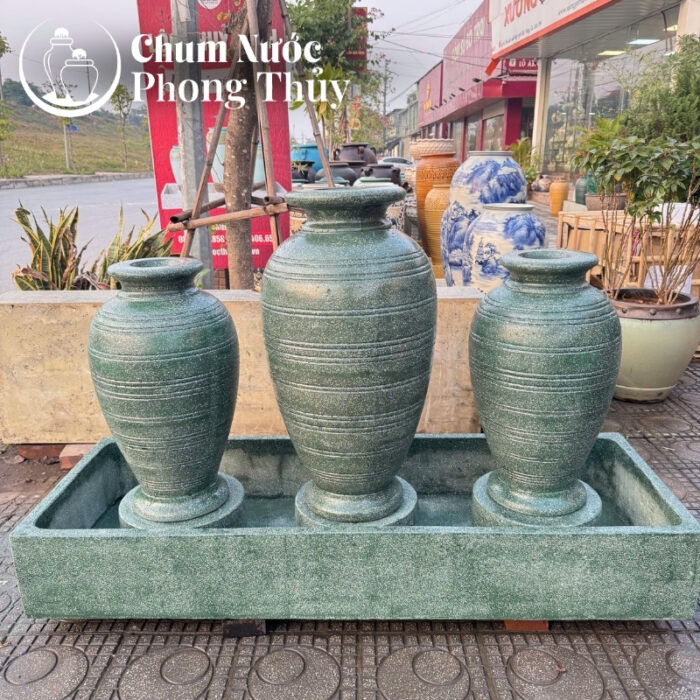 chi tiết Bộ Ba Chum Nước Trang Trí Sân Vườn Đá Mài Xanh CN-18