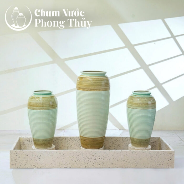 chi tiết Bộ Ba Lu Nước Trang Trí Tiểu Cảnh Men Màu Xanh Ngọc Thổ Cẩm CN-15