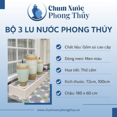đặc điểm Bộ Ba Lu Nước Trang Trí Tiểu Cảnh Men Màu Xanh Ngọc Thổ Cẩm CN-15