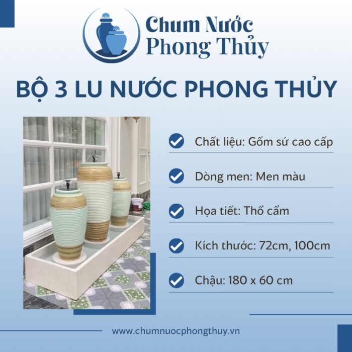đặc điểm Bộ Ba Lu Nước Trang Trí Tiểu Cảnh Men Màu Xanh Ngọc Thổ Cẩm CN-15