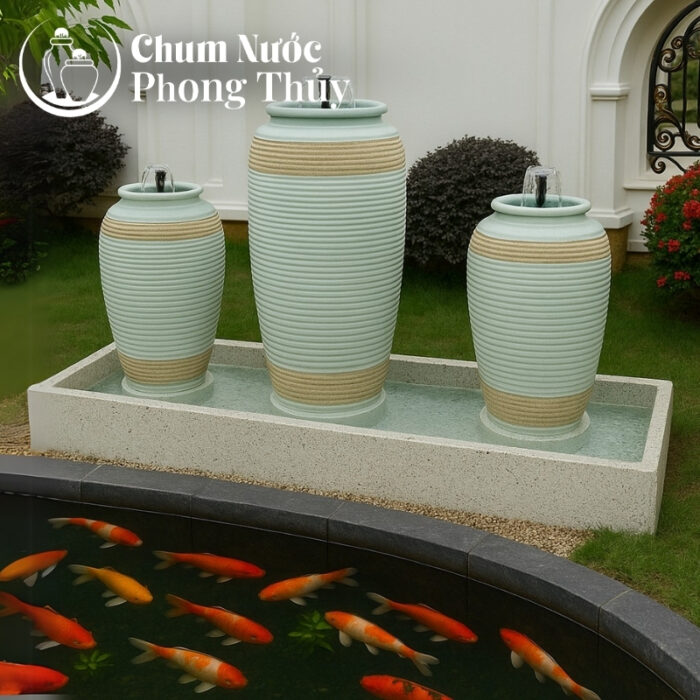 chi tiết Bộ Ba Lu Nước Trang Trí Tiểu Cảnh Men Màu Xanh Ngọc Thổ Cẩm CN-15