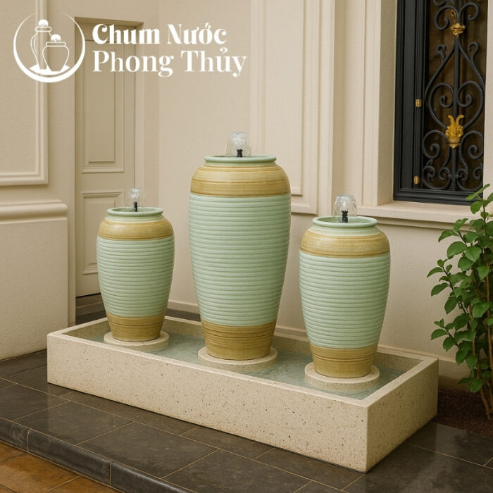 chi tiết Bộ Ba Lu Nước Trang Trí Tiểu Cảnh Men Màu Xanh Ngọc Thổ Cẩm CN-15