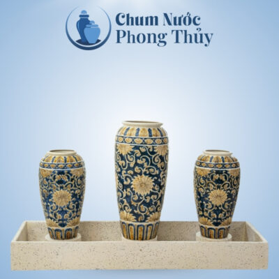 Bộ Ba Lu Nước Trang Trí Sân Vườn Men Xanh - Vàng Họa Tiết Tân Cổ Điển CN-14