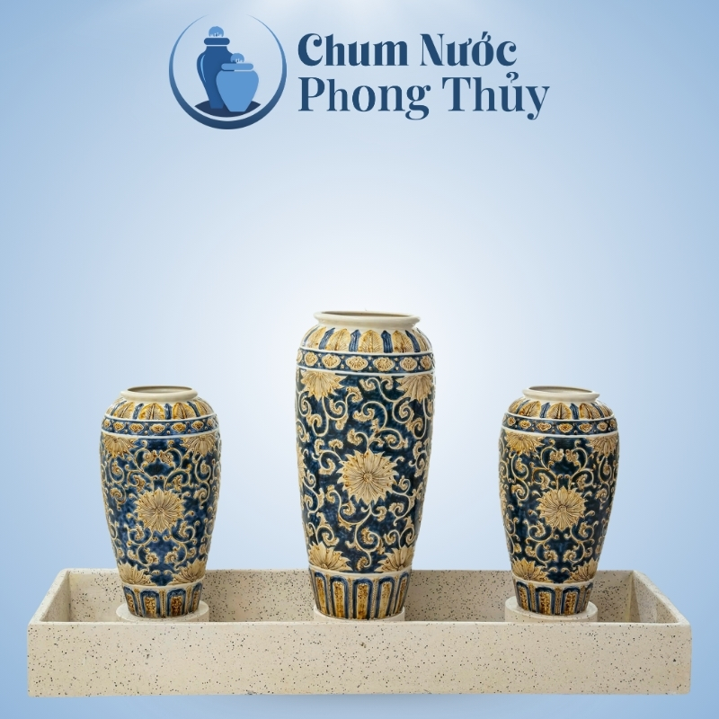 Bộ Ba Lu Nước Trang Trí Sân Vườn Men Xanh - Vàng Họa Tiết Tân Cổ Điển CN-14