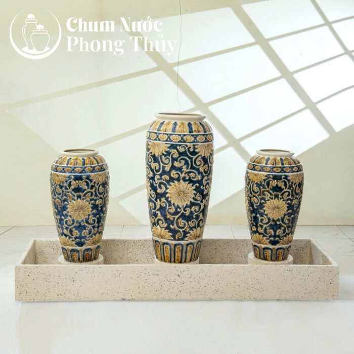 chi tiết Bộ Ba Lu Nước Trang Trí Sân Vườn Men Xanh - Vàng Họa Tiết Tân Cổ Điển CN-14