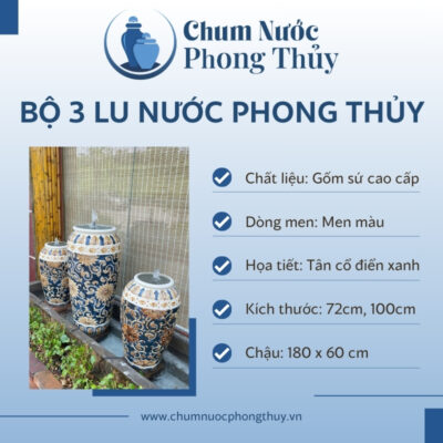 đặc điểm Bộ Ba Lu Nước Trang Trí Sân Vườn Men Xanh - Vàng Họa Tiết Tân Cổ Điển CN-14