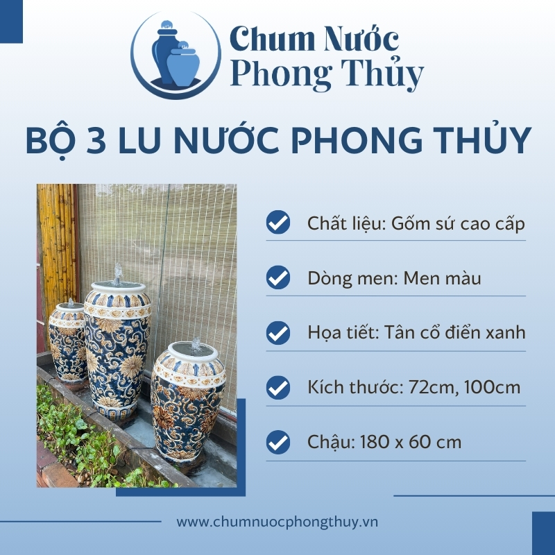đặc điểm Bộ Ba Lu Nước Trang Trí Sân Vườn Men Xanh - Vàng Họa Tiết Tân Cổ Điển CN-14