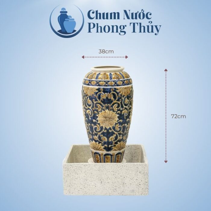 Bộ Ba Lu Nước Trang Trí Sân Vườn Men Xanh - Vàng Họa Tiết Tân Cổ Điển CN-14