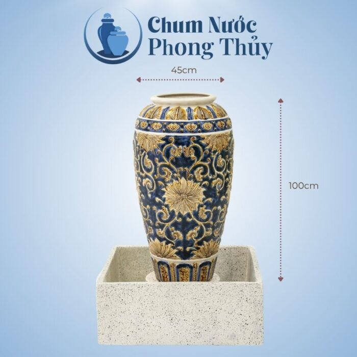 Bộ Ba Lu Nước Trang Trí Sân Vườn Men Xanh - Vàng Họa Tiết Tân Cổ Điển CN-14