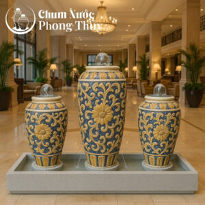 chi tiết Bộ Ba Lu Nước Trang Trí Sân Vườn Men Xanh - Vàng Họa Tiết Tân Cổ Điển CN-14