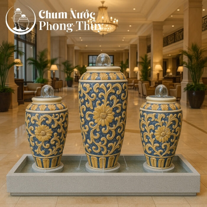 chi tiết Bộ Ba Lu Nước Trang Trí Sân Vườn Men Xanh - Vàng Họa Tiết Tân Cổ Điển CN-14