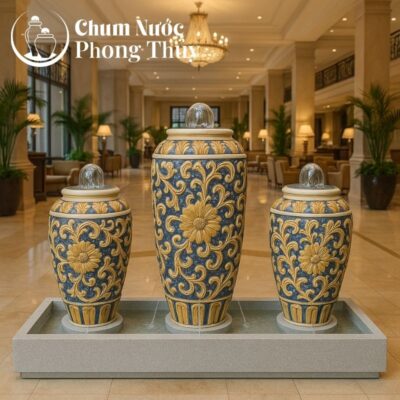 Bộ Ba Lu Nước Trang Trí Sân Vườn Men Xanh - Vàng Họa Tiết Tân Cổ Điển CN-14