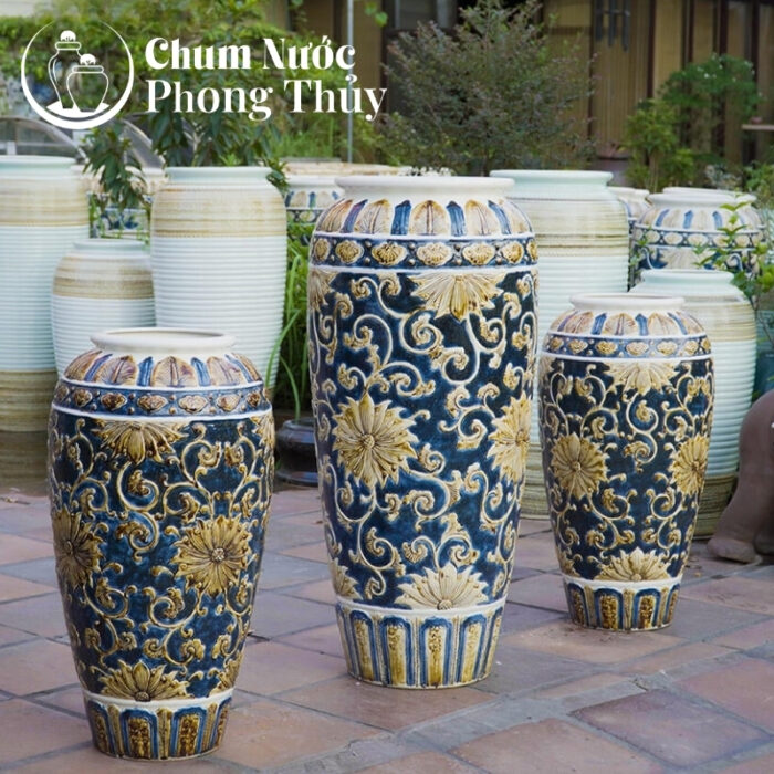 chi tiết Bộ Ba Lu Nước Trang Trí Sân Vườn Men Xanh - Vàng Họa Tiết Tân Cổ Điển CN-14