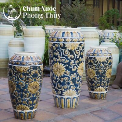 Bộ Ba Lu Nước Trang Trí Sân Vườn Men Xanh - Vàng Họa Tiết Tân Cổ Điển CN-14
