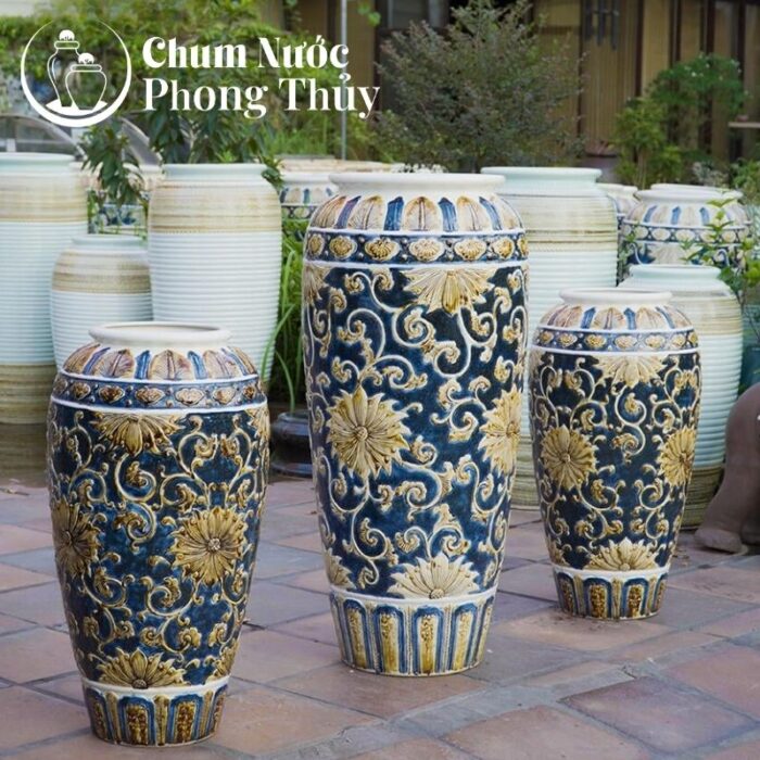 Bộ Ba Lu Nước Trang Trí Sân Vườn Men Xanh - Vàng Họa Tiết Tân Cổ Điển CN-14