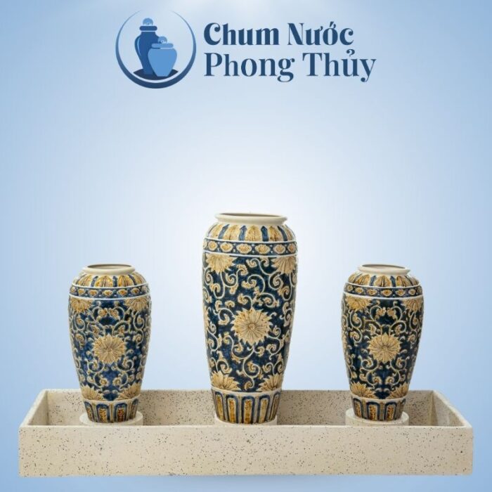 Bộ Ba Lu Nước Trang Trí Sân Vườn Men Xanh - Vàng Họa Tiết Tân Cổ Điển CN-14