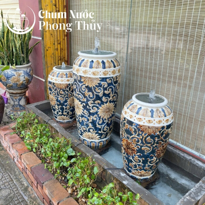 chi tiết Bộ Ba Lu Nước Trang Trí Sân Vườn Men Xanh - Vàng Họa Tiết Tân Cổ Điển CN-14