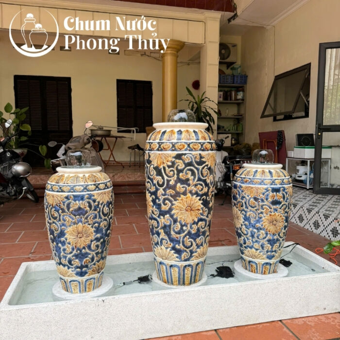 chi tiết Bộ Ba Lu Nước Trang Trí Sân Vườn Men Xanh - Vàng Họa Tiết Tân Cổ Điển CN-14