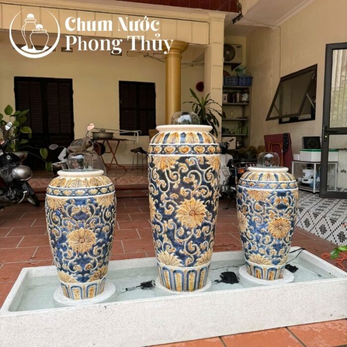 Bộ Ba Lu Nước Trang Trí Sân Vườn Men Xanh - Vàng Họa Tiết Tân Cổ Điển CN-14
