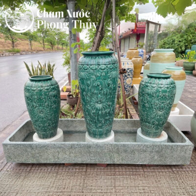 chi tiết Bộ Ba Lu Nước Phong Thủy Men Xanh Họa Tiết Hoa Tân Cổ Điển CN-13