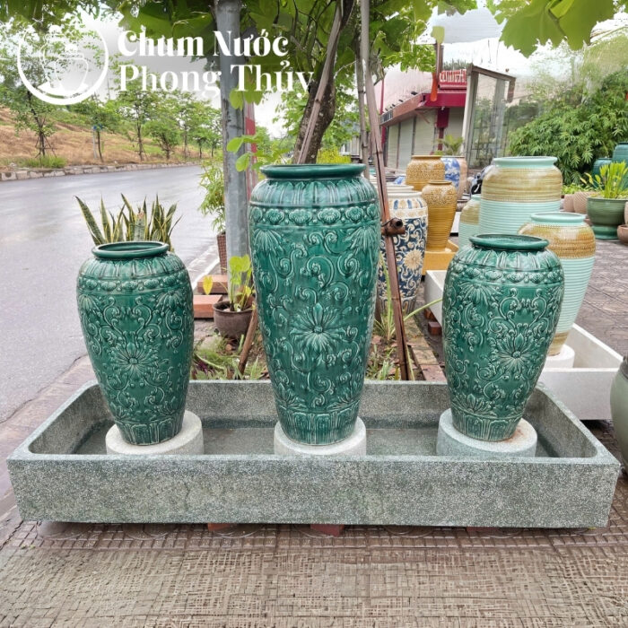 chi tiết Bộ Ba Lu Nước Phong Thủy Men Xanh Họa Tiết Hoa Tân Cổ Điển CN-13