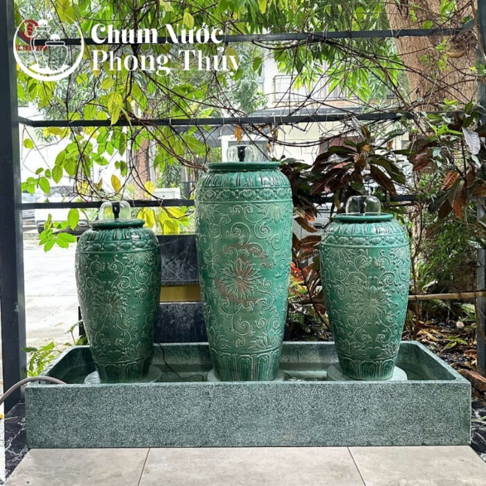 chi tiết Bộ Ba Lu Nước Phong Thủy Men Xanh Họa Tiết Hoa Tân Cổ Điển CN-13