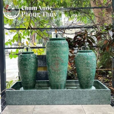 Bộ ba lu nước phong thủy men xanh vẽ hoa tân cổ điển