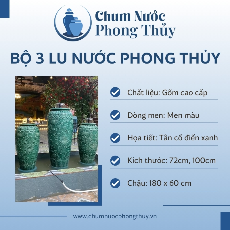 đặc điểm bộ ba lu nước men xanh vẽ hoa tân cổ điển