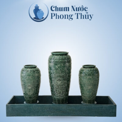 Bộ ba lu nước phong thủy men xanh vẽ hoa tân cổ điển