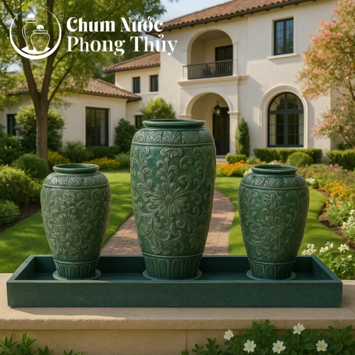 chi tiết Bộ Ba Lu Nước Phong Thủy Men Xanh Họa Tiết Hoa Tân Cổ Điển CN-13