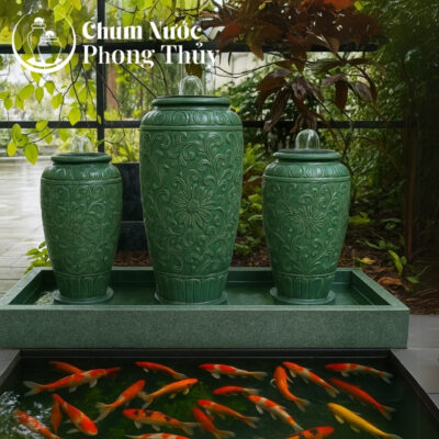 chi tiết Bộ Ba Lu Nước Phong Thủy Men Xanh Họa Tiết Hoa Tân Cổ Điển CN-13