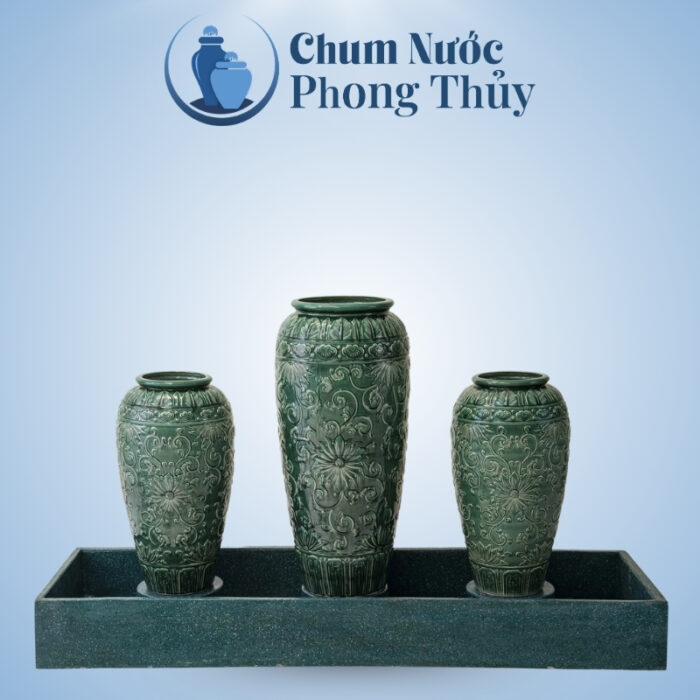 Bộ ba lu nước phong thủy men xanh vẽ hoa tân cổ điển