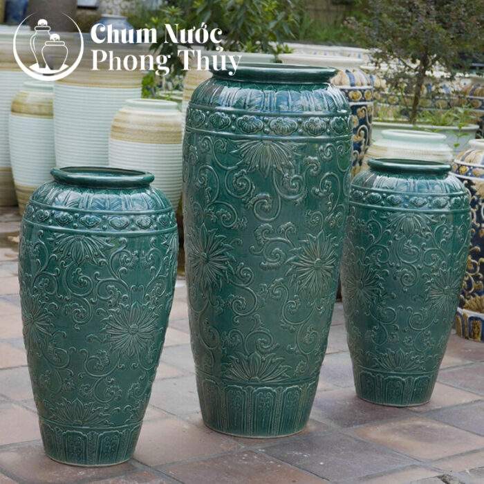 chi tiết Bộ Ba Lu Nước Phong Thủy Men Xanh Họa Tiết Hoa Tân Cổ Điển CN-13