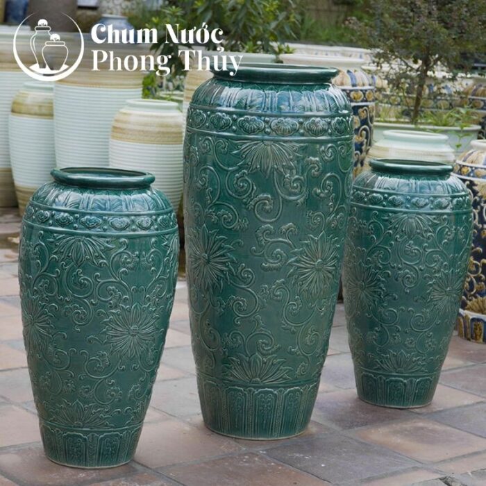Bộ ba lu nước phong thủy men xanh vẽ hoa tân cổ điển