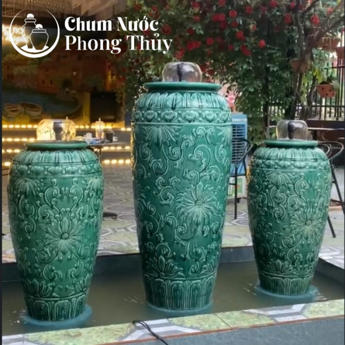 chi tiết Bộ Ba Lu Nước Phong Thủy Men Xanh Họa Tiết Hoa Tân Cổ Điển CN-13