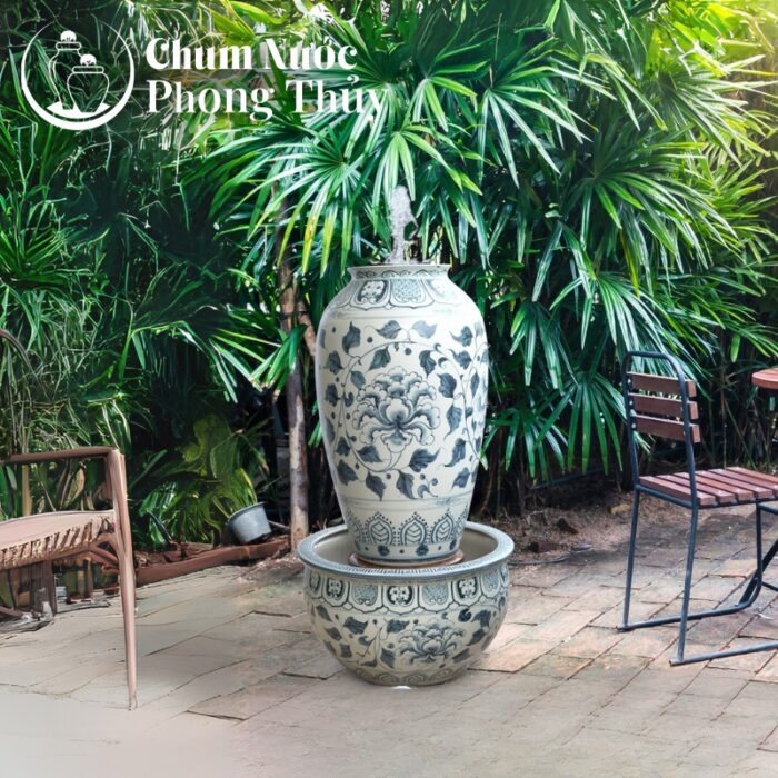 chi tiết Đài phun nước phong thủy men rạn hoa phù dung CN-20