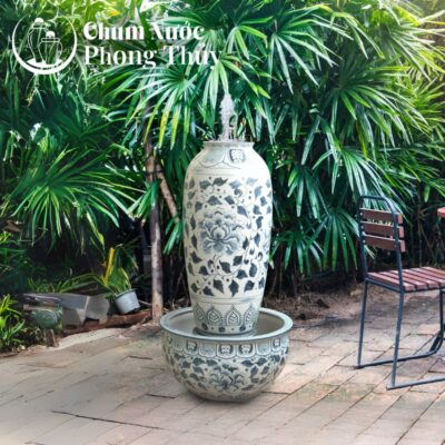 chi tiết Đài phun nước phong thủy men rạn hoa phù dung CN-20